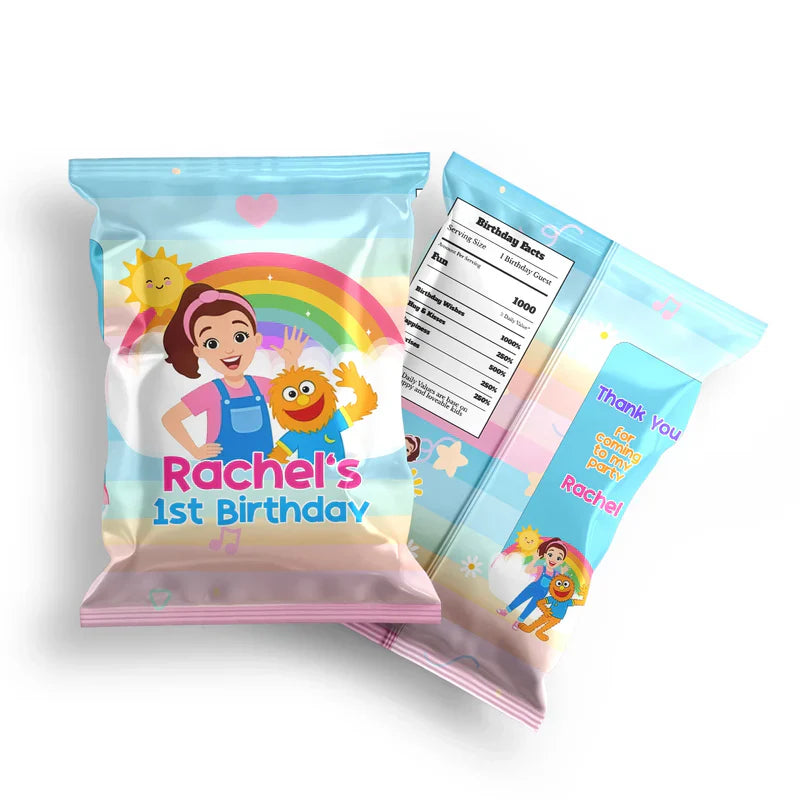 Ms Rachel toddler learning chips bag label with playful personalized graphics flat lay