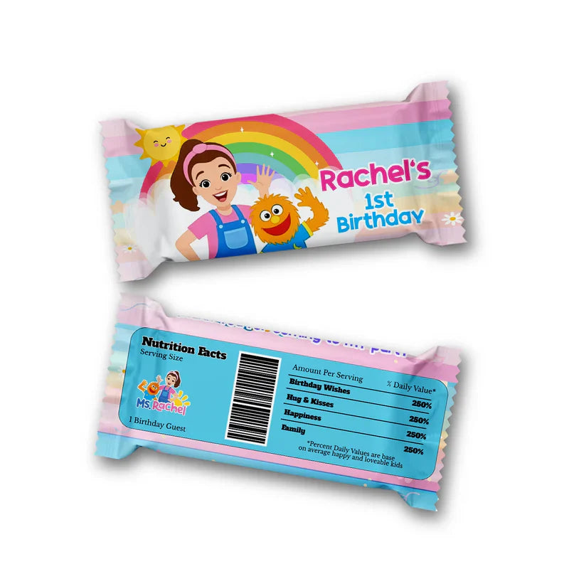 Ms Rachel toddler learning Rice Krispies and candy bar labels with personalized theme flat lay