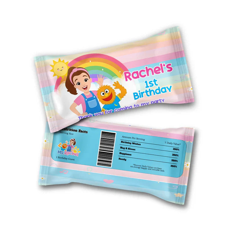Ms Rachel toddler learning Skittles label with bright personalized graphics flat lay