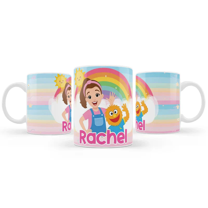 Ms Rachel toddler learning sublimation mug with custom design on white ceramic surface