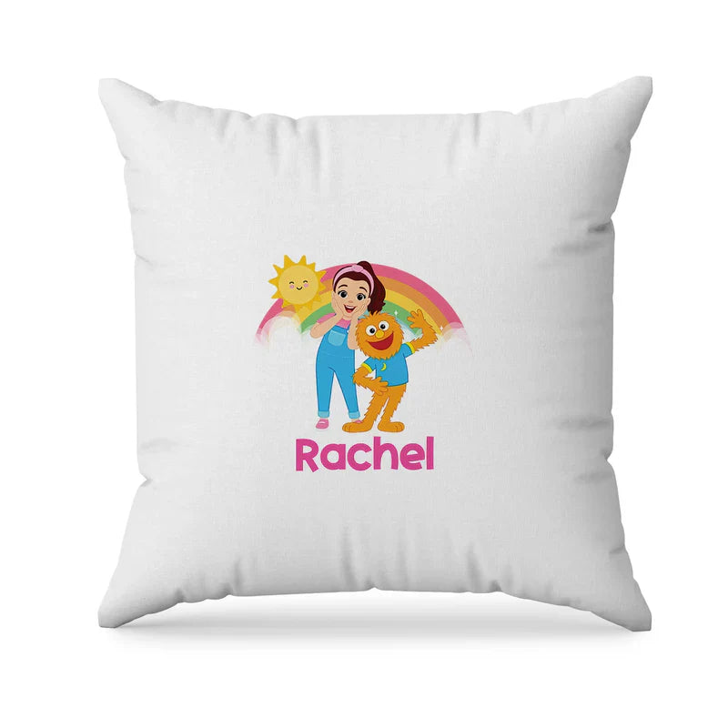 Ms Rachel toddler learning sublimation pillowcase with personalized colorful design flat lay