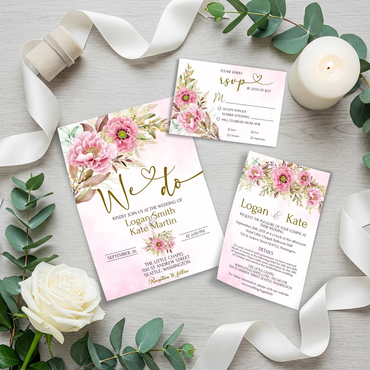 Peony DIY Wedding, Floral Wedding Party Supplies, Pink Peony Themed, Floral Digital Template, Editable Pink Peony Image SVG PNG