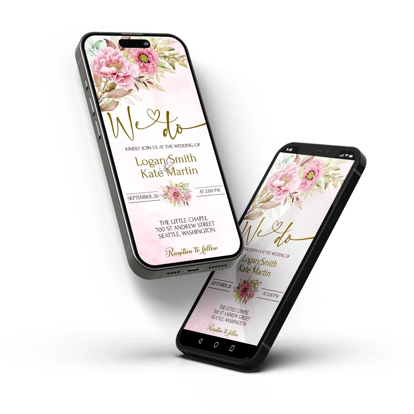 Pink Peony Printable Wedding Invitation Mobile Version for Digital Sharing