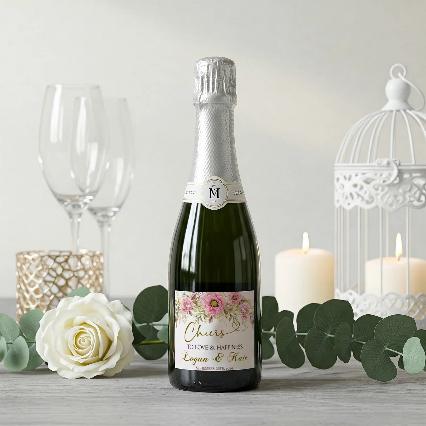 Pink Peony Wedding Wine Label