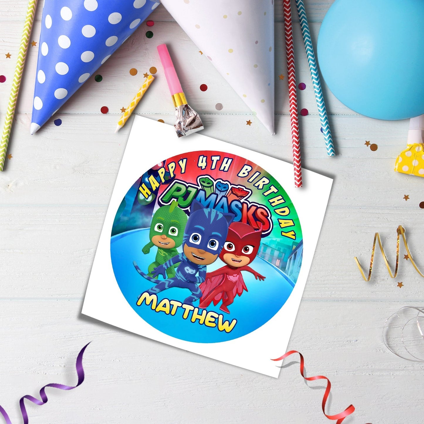 Make Your Party Memorable with PJ Masks Personalized Round Cake Images - Ideal for Themed Celebrations