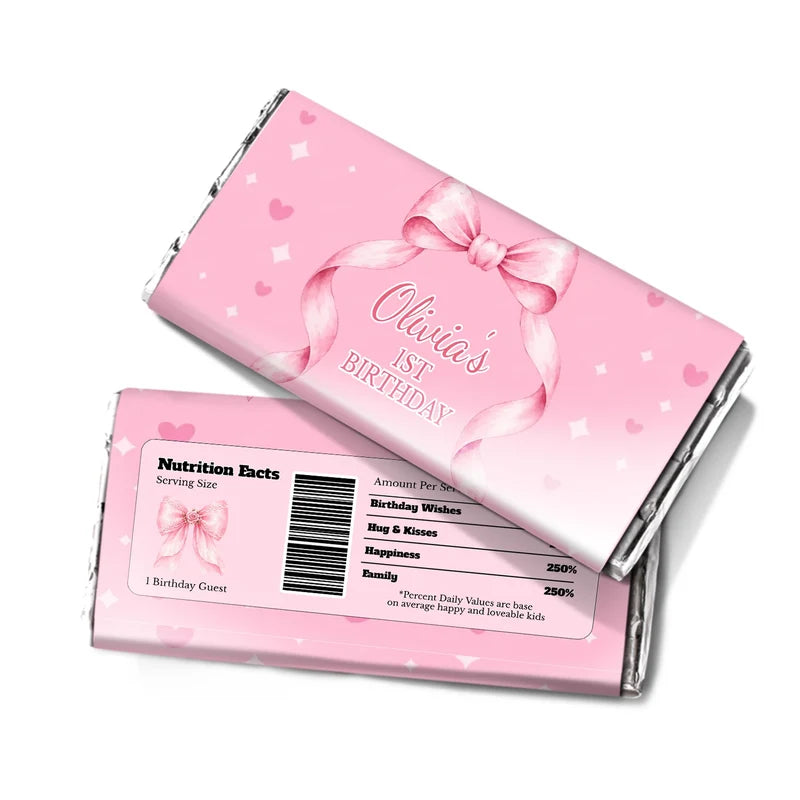 Pink Bow chocolate label wrap featuring a candy bar packaging layout against a white surface