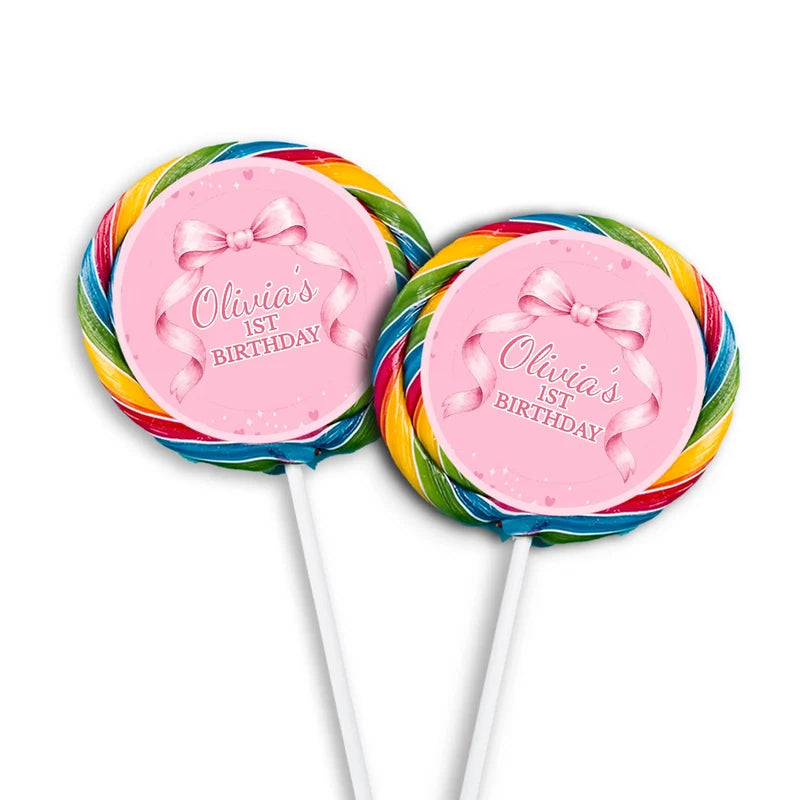 Pink Bow lollipop label mockup featuring a round sticker design attached to a clear wrapper