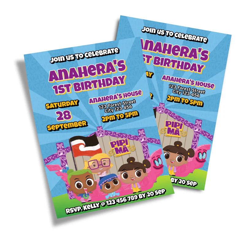 Pipi Ma birthday card invitations displaying a bright festive template layout on a minimal background