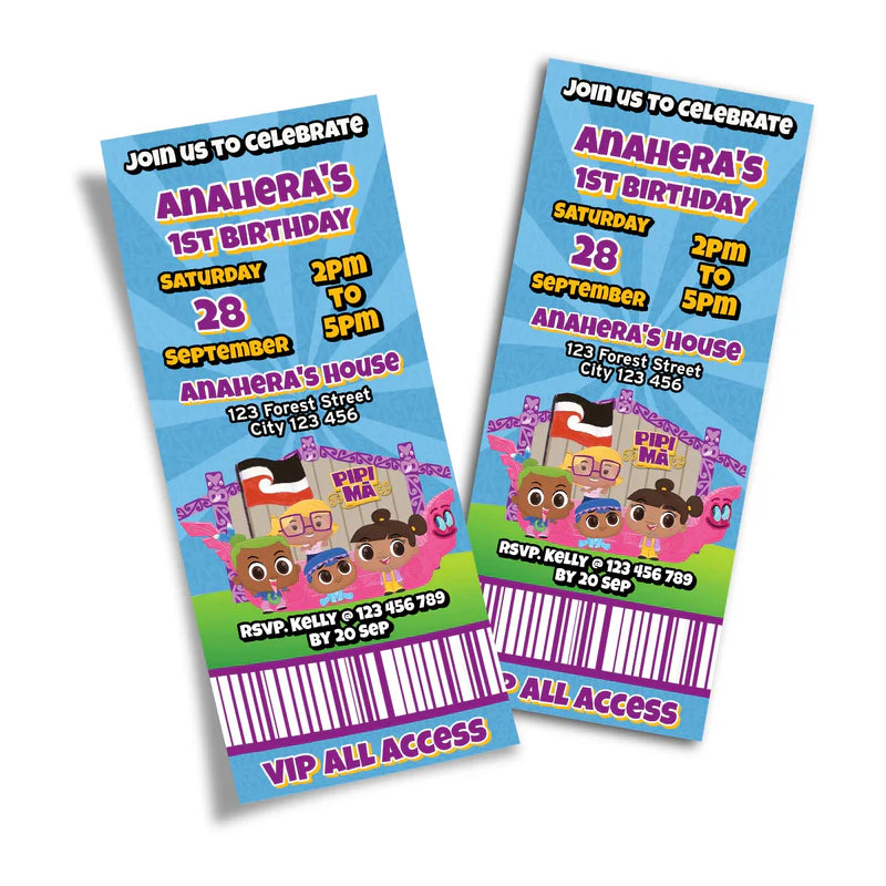 Pipi Ma birthday ticket invitations showing a vibrant event pass style layout with bold typography