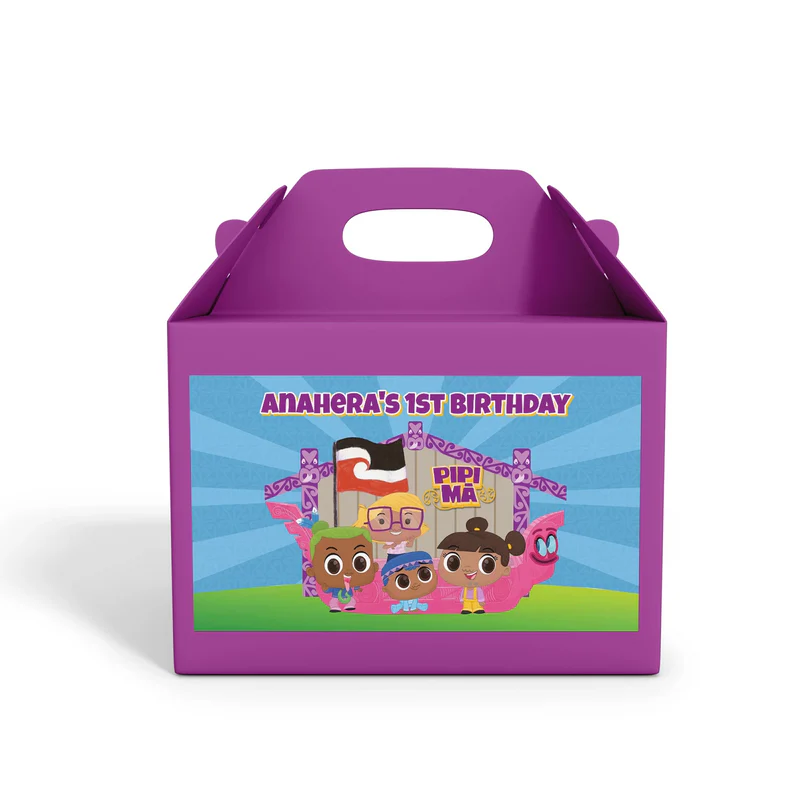 Pipi Ma treat box label showing a colorful design layout on a mini favor box container