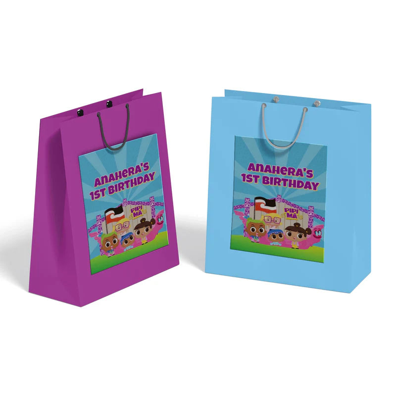 Pipi Ma goodie bag label featuring a vibrant party theme design applied to a classic paper gift bag