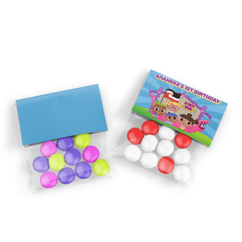 Pipi Ma treat bag topper label showing a colorful folded paper design sealing a clear candy pouch