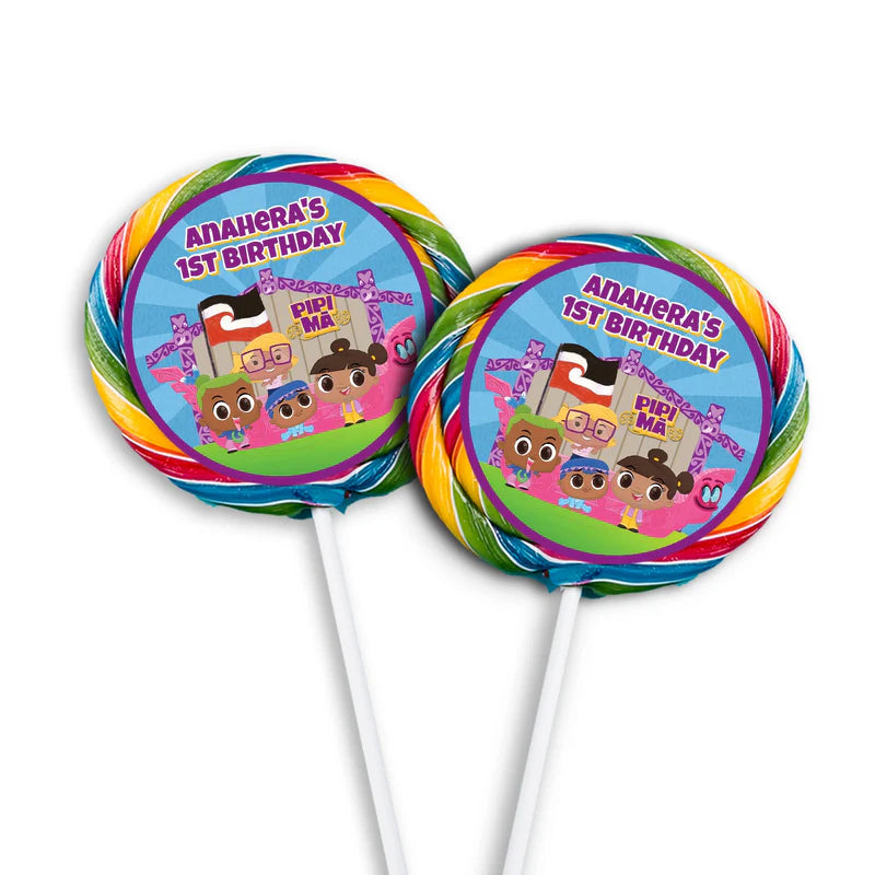 Pipi Ma lollipop label mockup featuring a colorful round sticker design attached to a clear wrapper