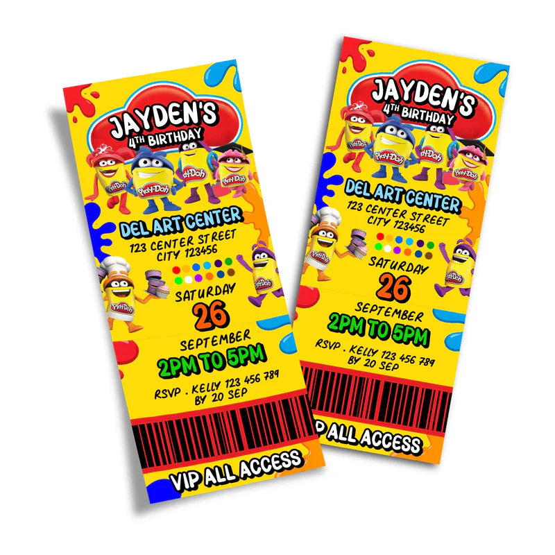 Play Doh birthday ticket invitations, vibrant event ticket style, flat lay on white background