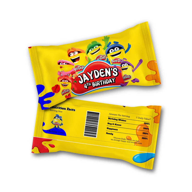 Play Doh Skittles label, colorful candy pack wrapper, flat layout on white background