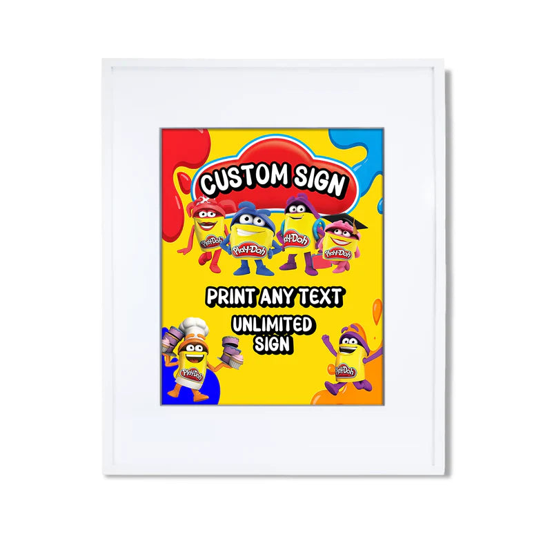 Play Doh custom sign, vibrant themed poster design, vertical layout on white background