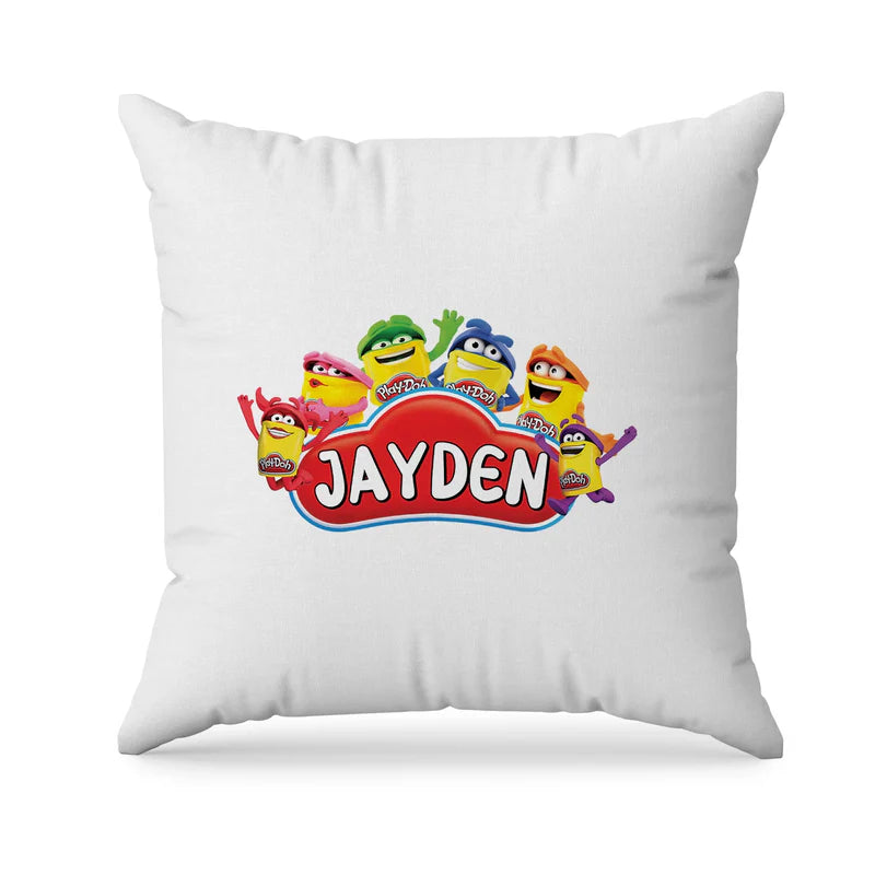 Play Doh sublimation pillowcase, vibrant print design, square pillow mockup on white background