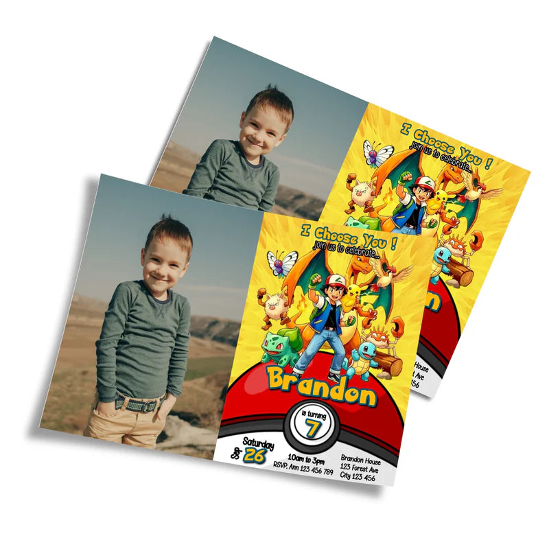 Pokemon photo card invitations featuring custom picture upload and character border on white background.