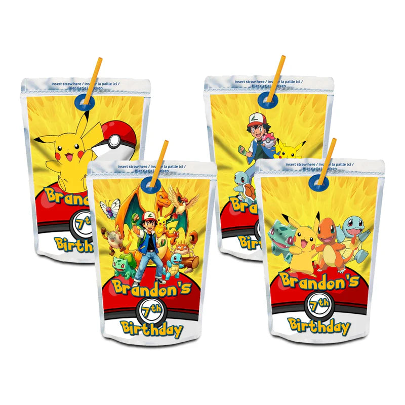 Pokemon juice pouch label with festive character graphics and custom name for drink pouches.