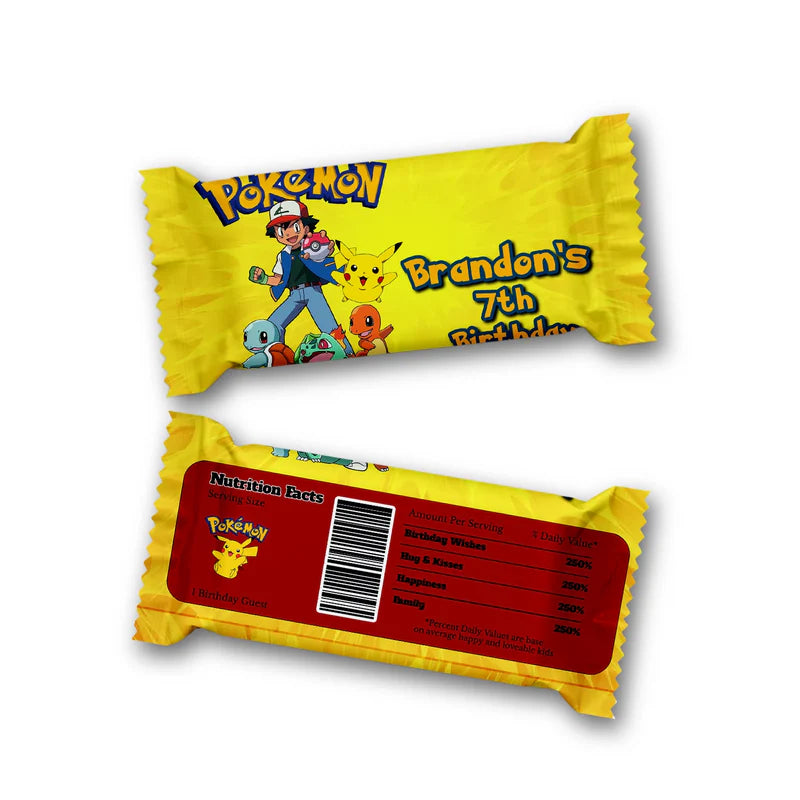 Pokemon Rice Krispies treats and candy bar label set with character art and custom birthday text.