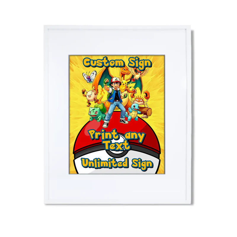 Pokemon custom sign with character border and personalized birthday message for party decor.