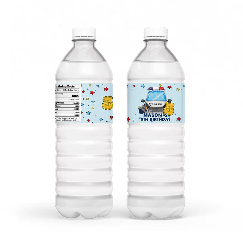 Kids police water bottle label with cartoon police car wrap design on white background