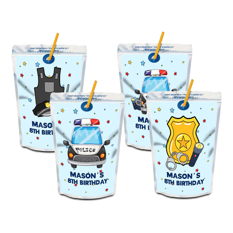 Kids police juice pouch label with blue and black police car design flat lay