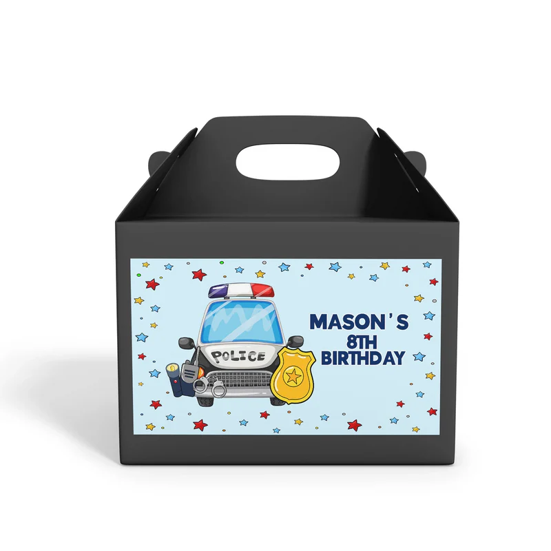 Kids police treat box label with editable text and police theme for party favors