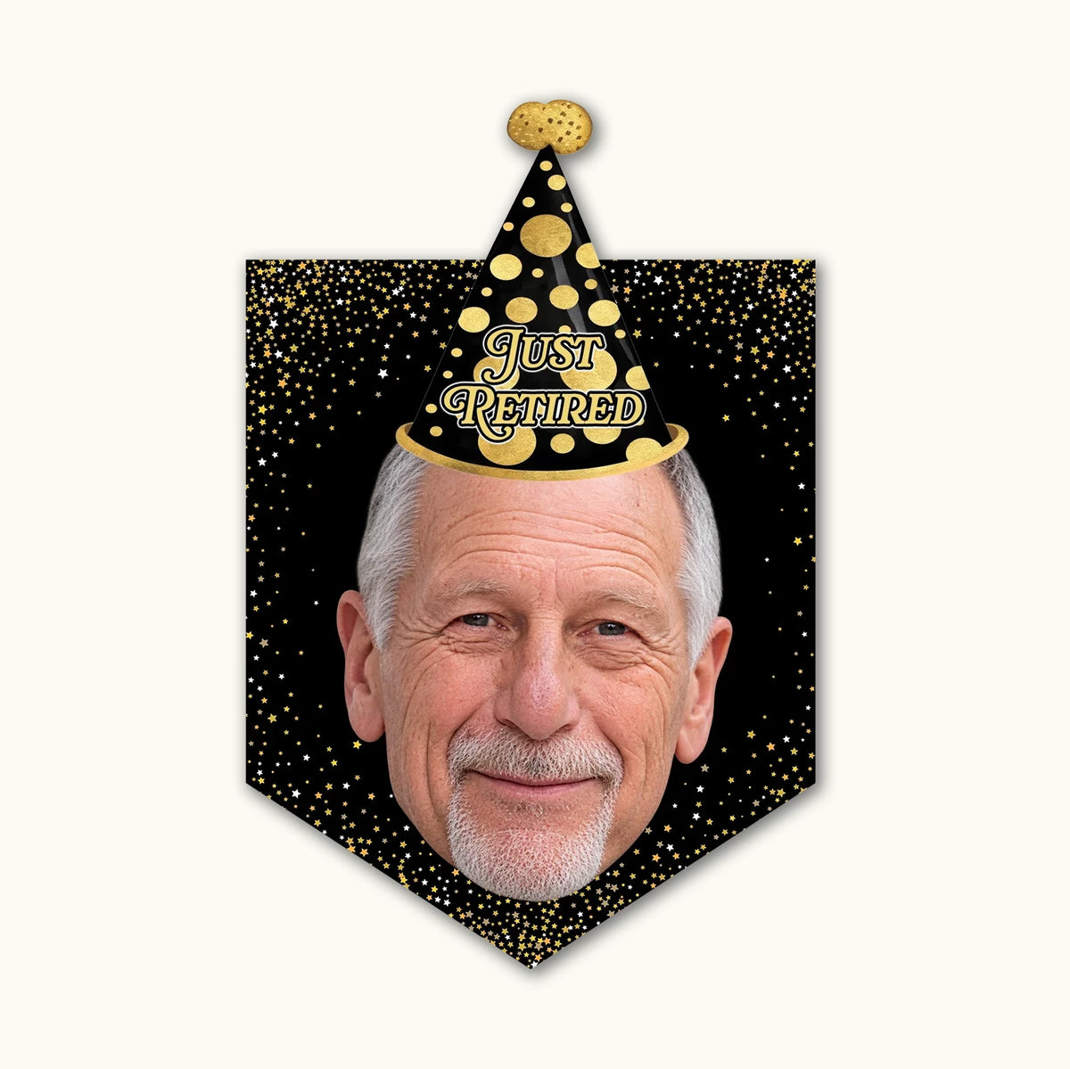 Close-up of a personalised retirement party garland showing high-quality cardstock cutouts of a face wearing a mini party hat.