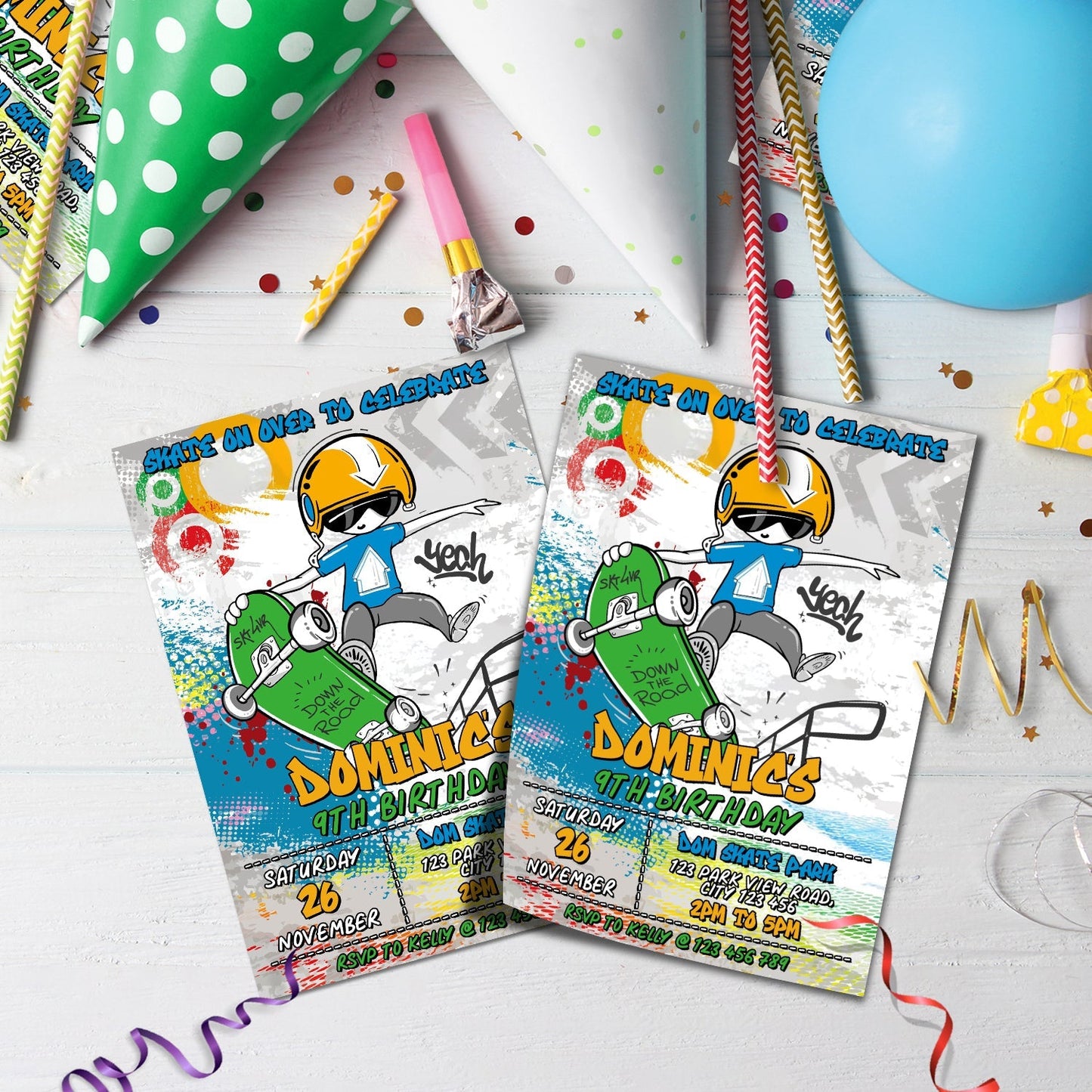 Skateboard Birthday Decorations, Skateboarding Party Supplies, Skatepark Themed, Skating Boys and Girls Digital Template, Editable Skateboard Image SVG PNG