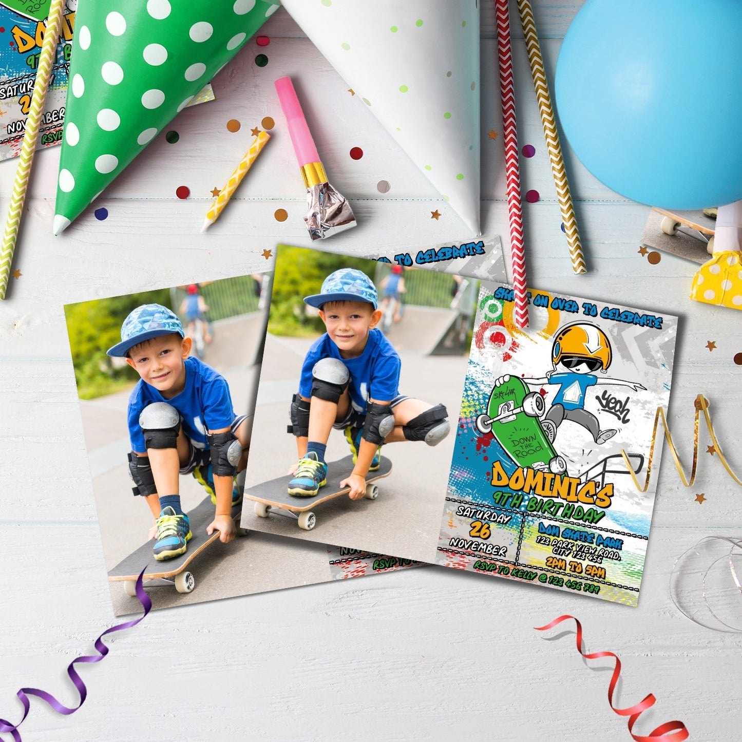 Skateboard Birthday Decorations, Skateboarding Party Supplies, Skatepark Themed, Skating Boys and Girls Digital Template, Editable Skateboard Image SVG PNG