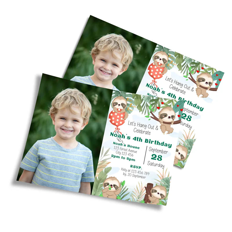 Sloth personalized photo card invitations with playful sloth design flat lay on white background
