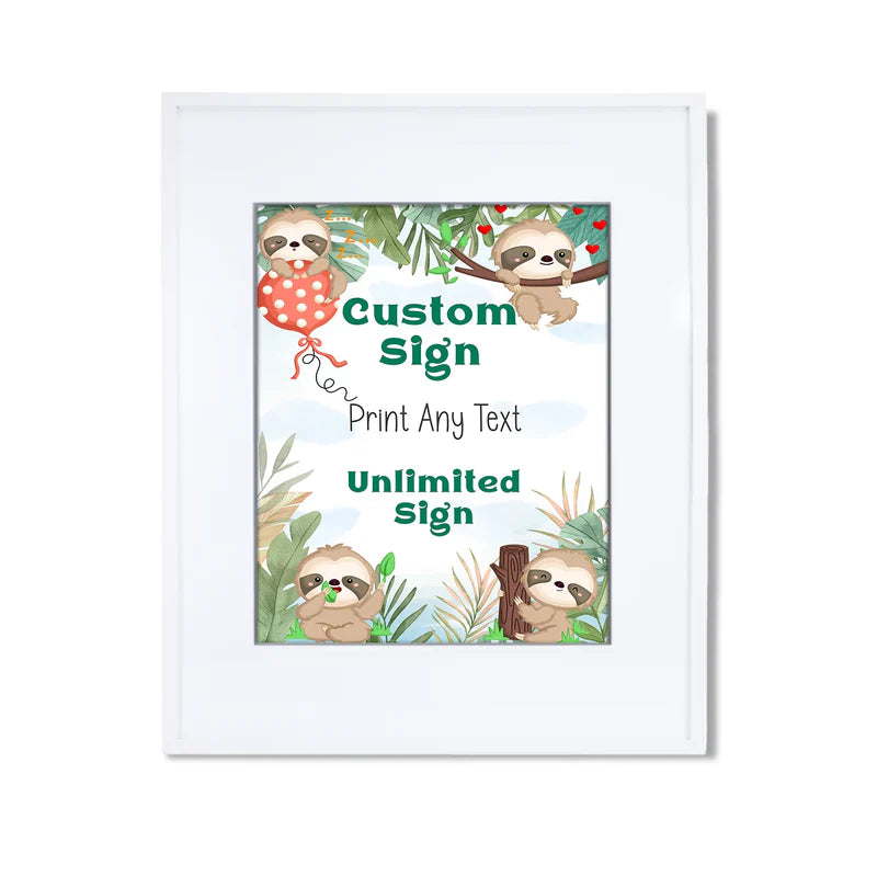 Sloth custom sign with cute sloth graphic flat lay on white background