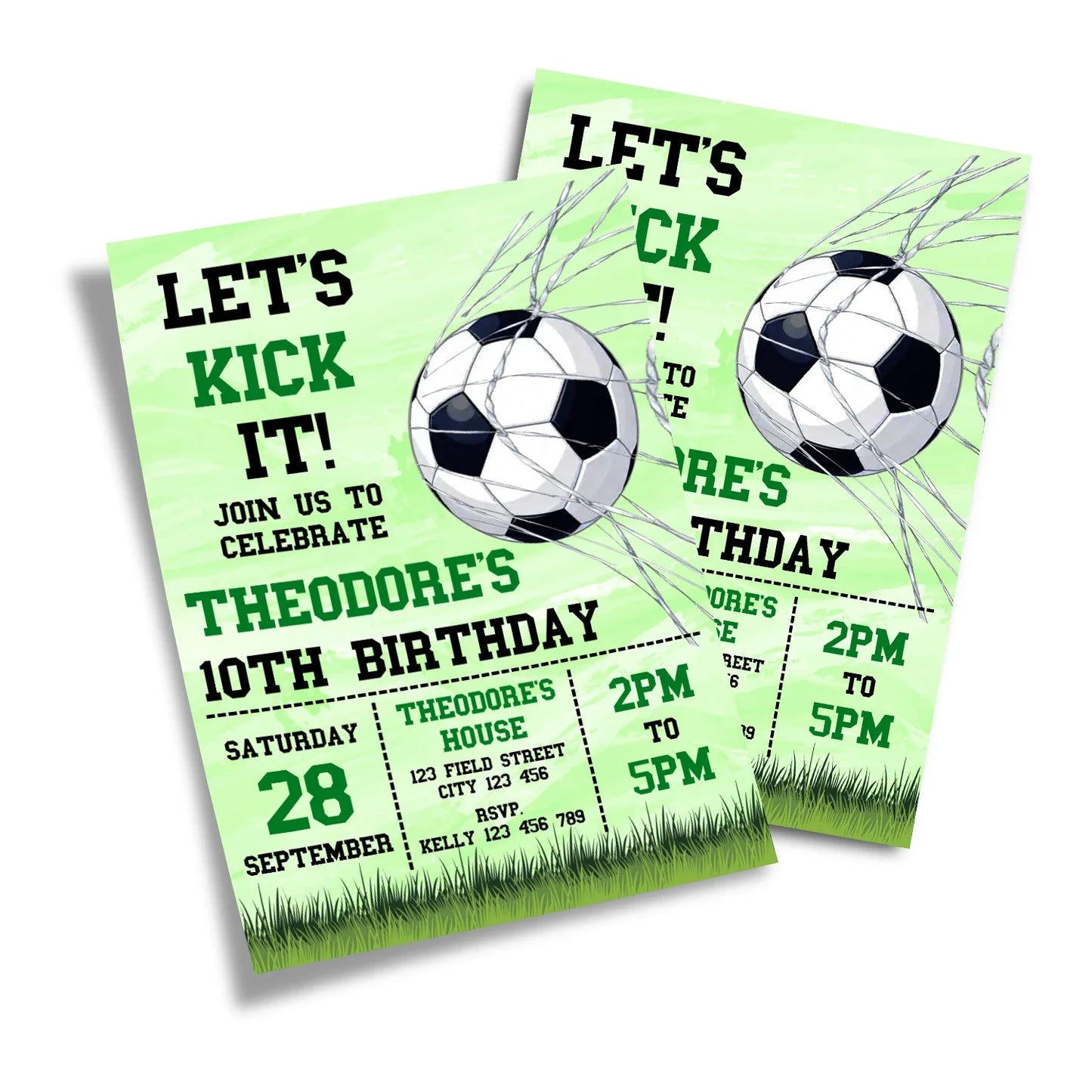 Soccer personalized birthday card invitations with green soccer theme, custom name and age, flat lay on white background