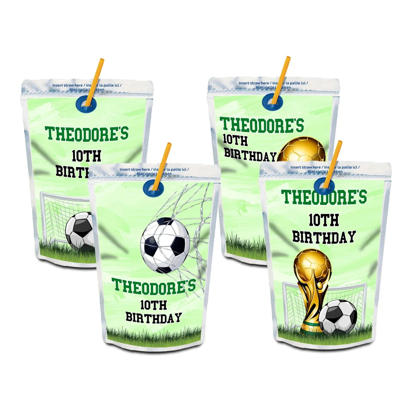 Soccer juice pouch label with sporty green soccer theme and custom name, displayed flat on white background