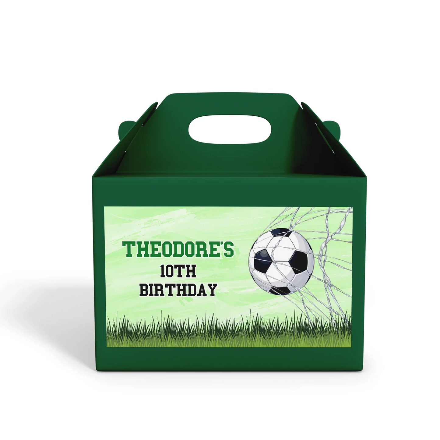 Soccer treat box label with bold green soccer graphics and custom text, shown flat on white background