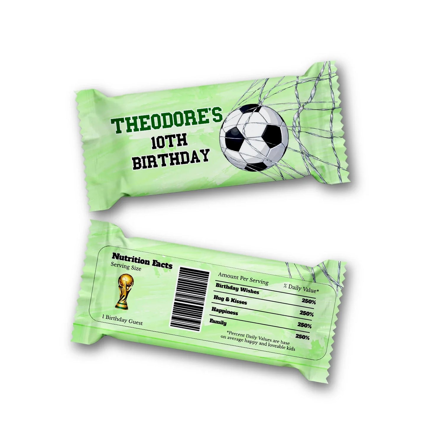 Soccer Rice Krispies treats and candy bar label set with coordinated green soccer designs, flat lay on white background