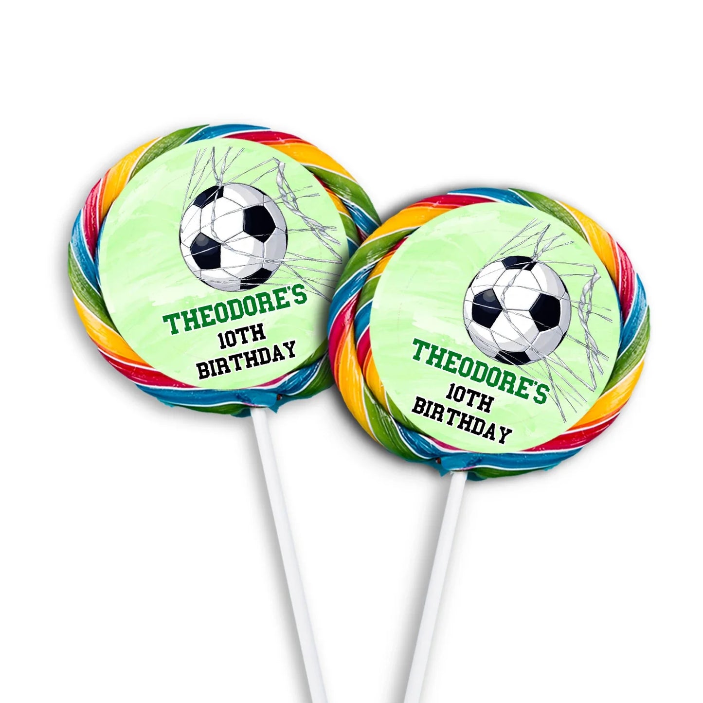 Soccer lollipop label with round green soccer design and ball icon, printable circle shown on white background