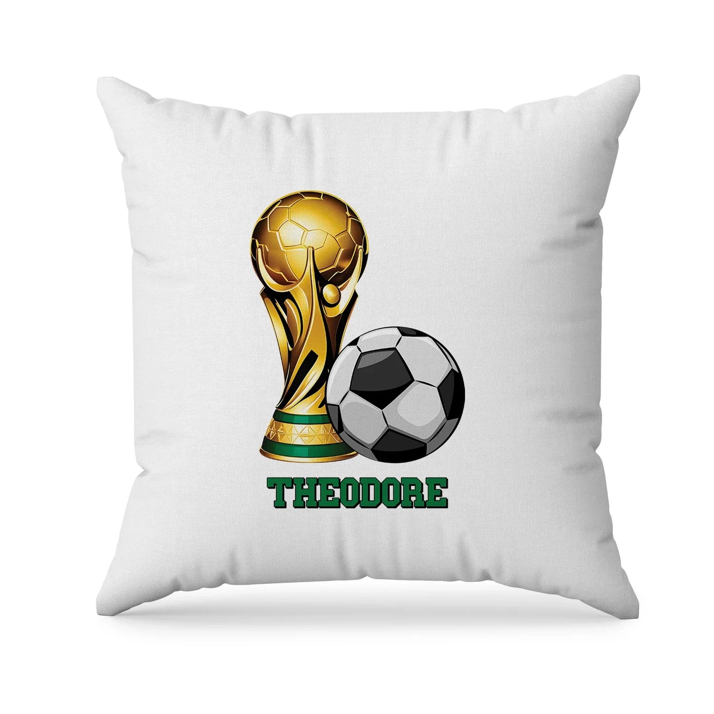 Soccer sublimation pillowcase with green soccer field pattern and bold ball design, shown flat on white background