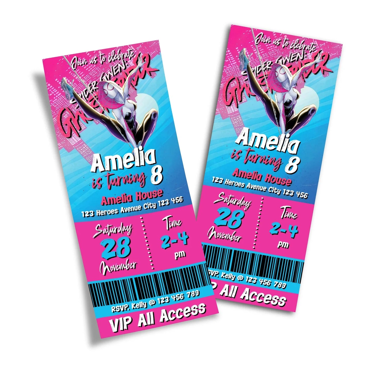 Spider-Woman personalized birthday ticket invitations with comic-style layout and web patterns