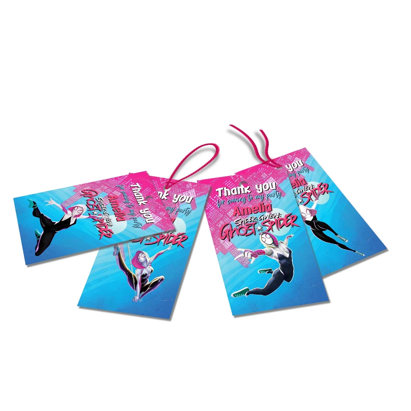 Spider-Woman thank you tags with bold web design in red and blue on white background