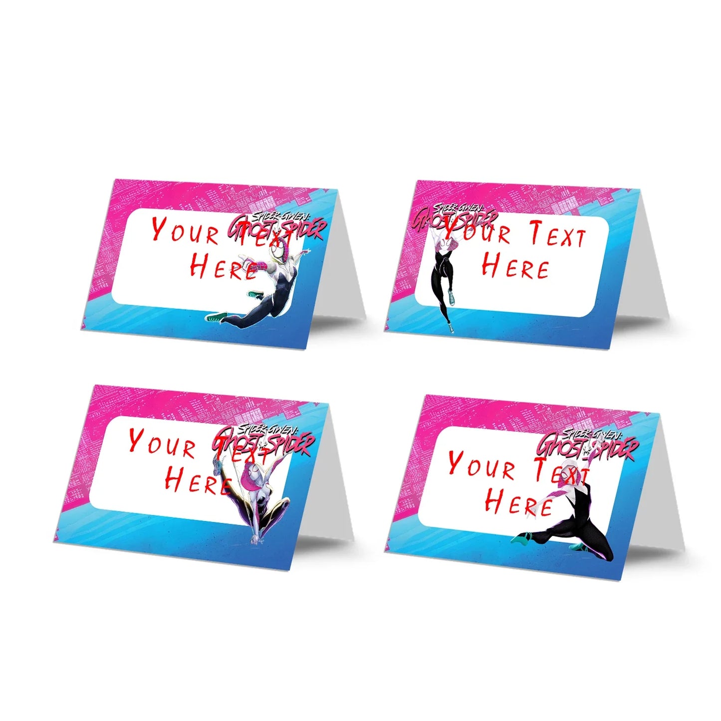 Spider-Woman food cards with comic-inspired graphics and web borders arranged flat