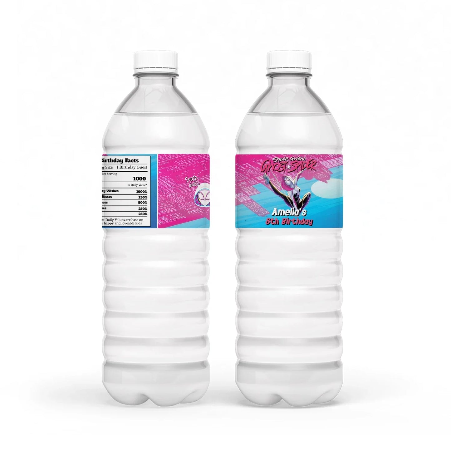 Spider-Woman water bottle label with red and blue web pattern wrapped around bottle