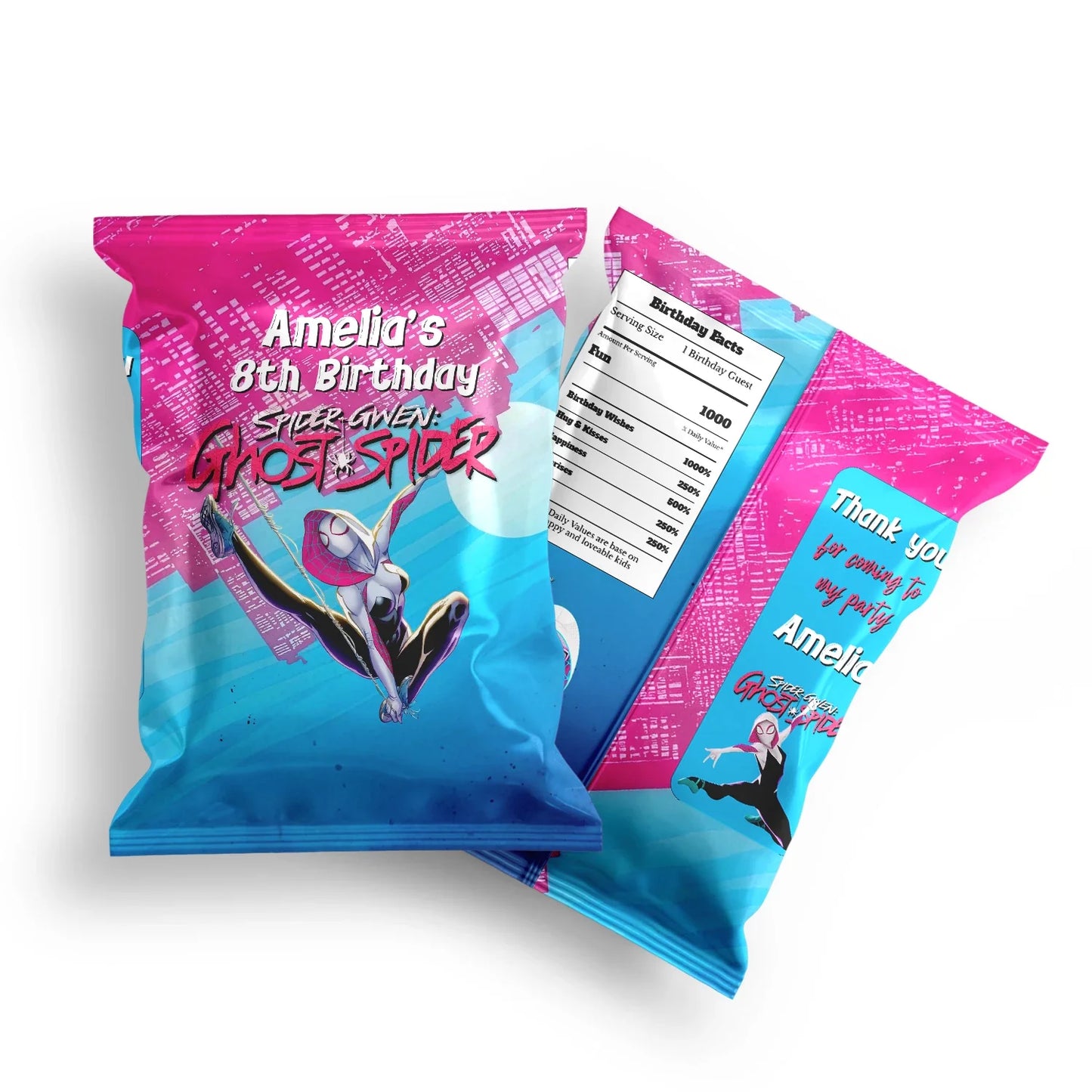 Spider-Woman chips bag label with dynamic comic artwork and web accents