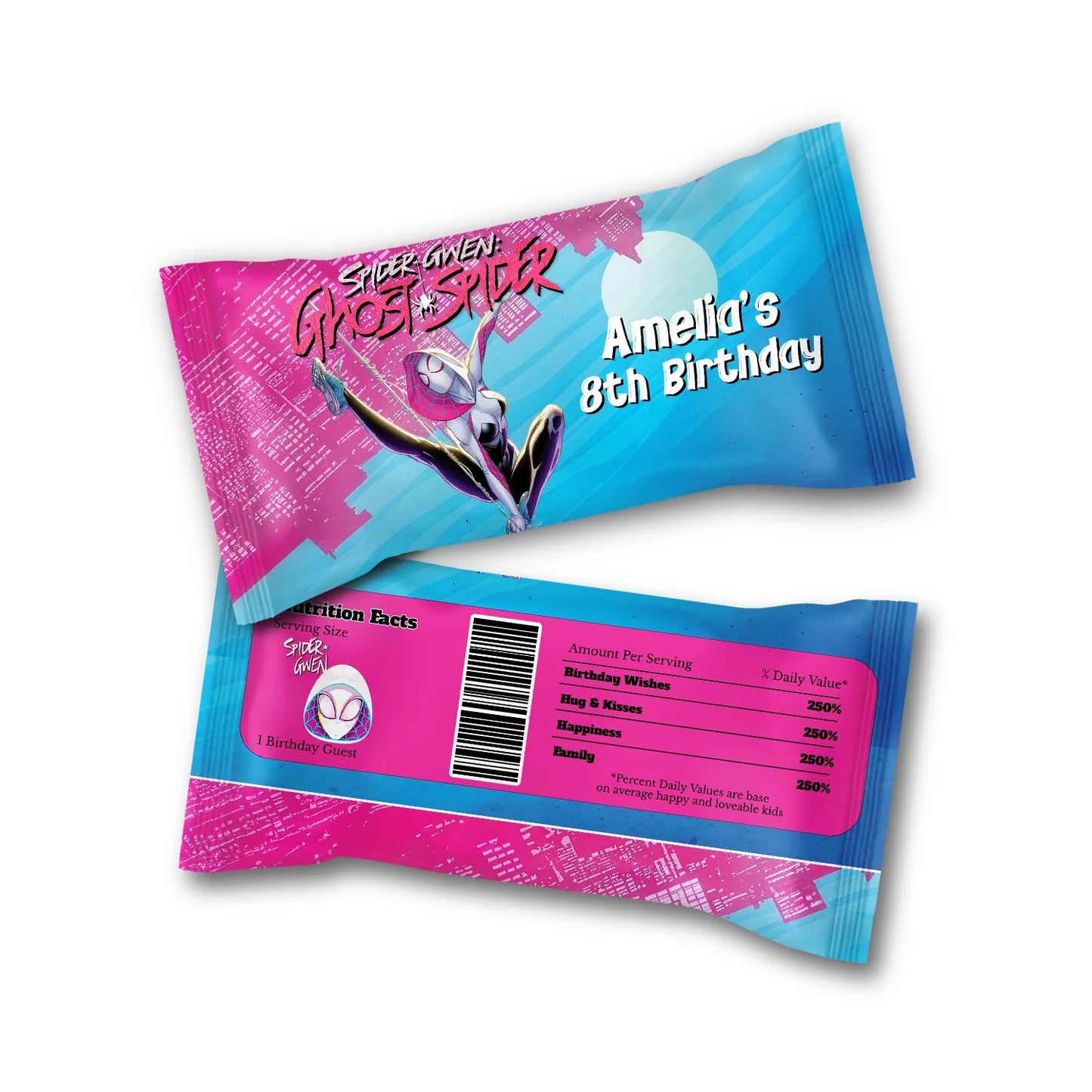 Spider-Woman Skittles label with bold comic graphics in red and blue tones