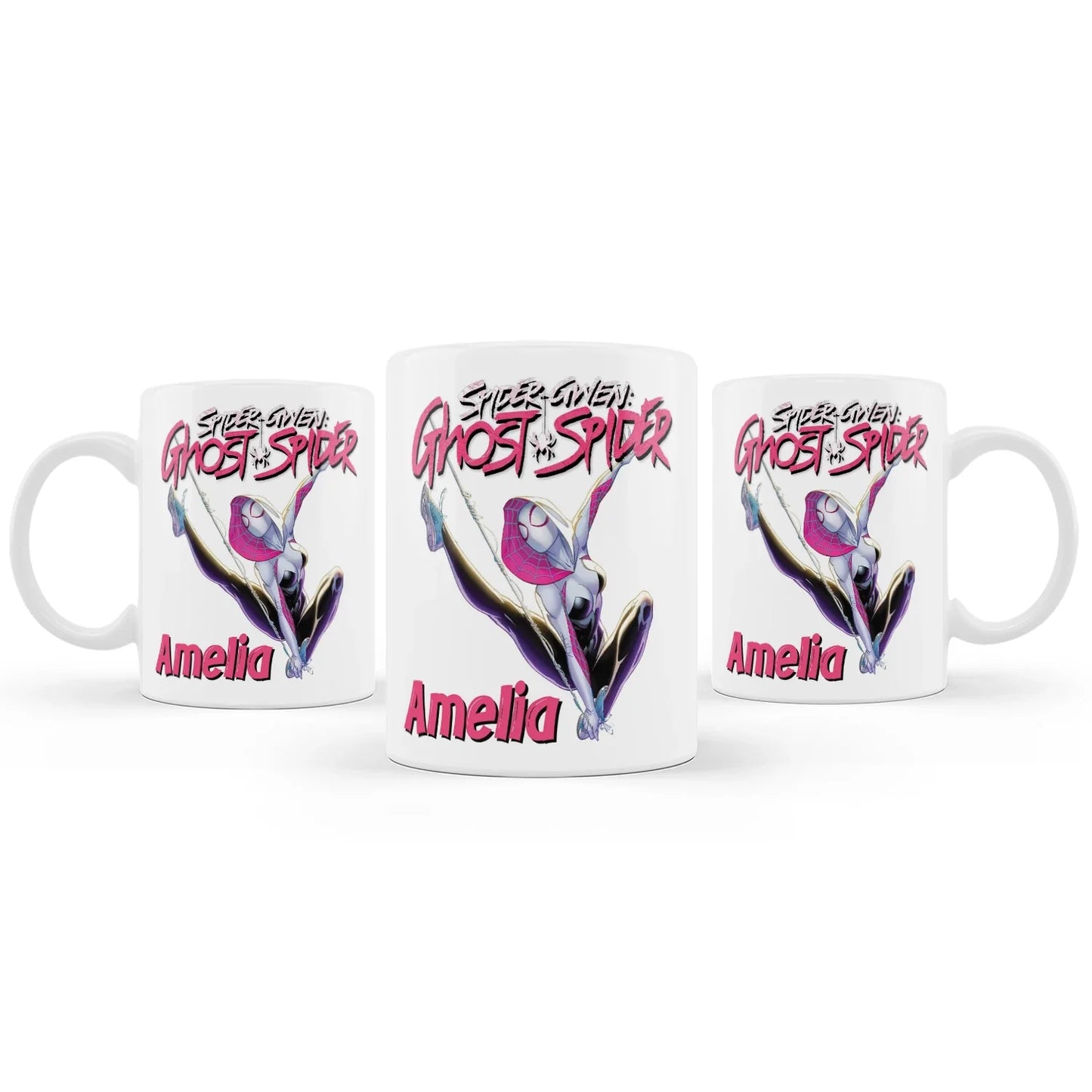 Spider-Woman sublimation mug with vibrant red and blue web design on white ceramic