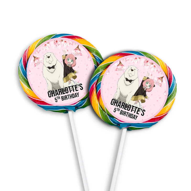 Spy X Family lollipop label showing a round personalized sticker with cute anime portraits for candy favors