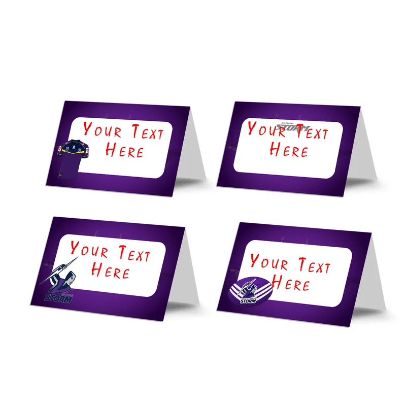 Melbourne Storm food cards showing a collection of team colored buffet labels arranged on a decorated treat t