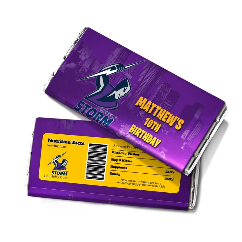 Melbourne Storm chocolate label wrap featuring a candy bar packaging layout against a white surface
