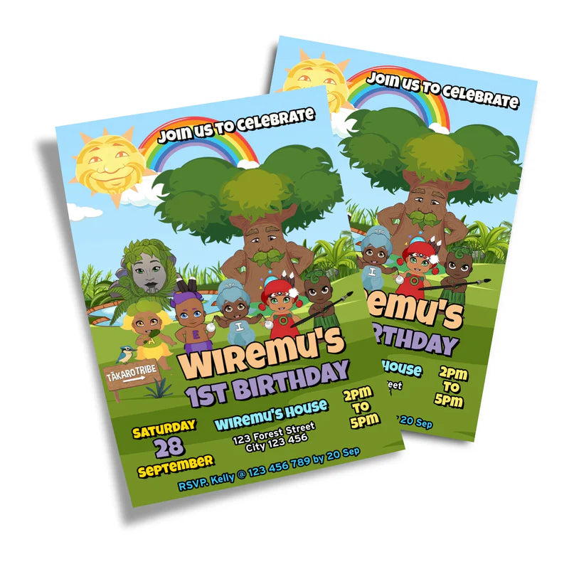 Takaro Tribe birthday card invitations with playful colors flat lay